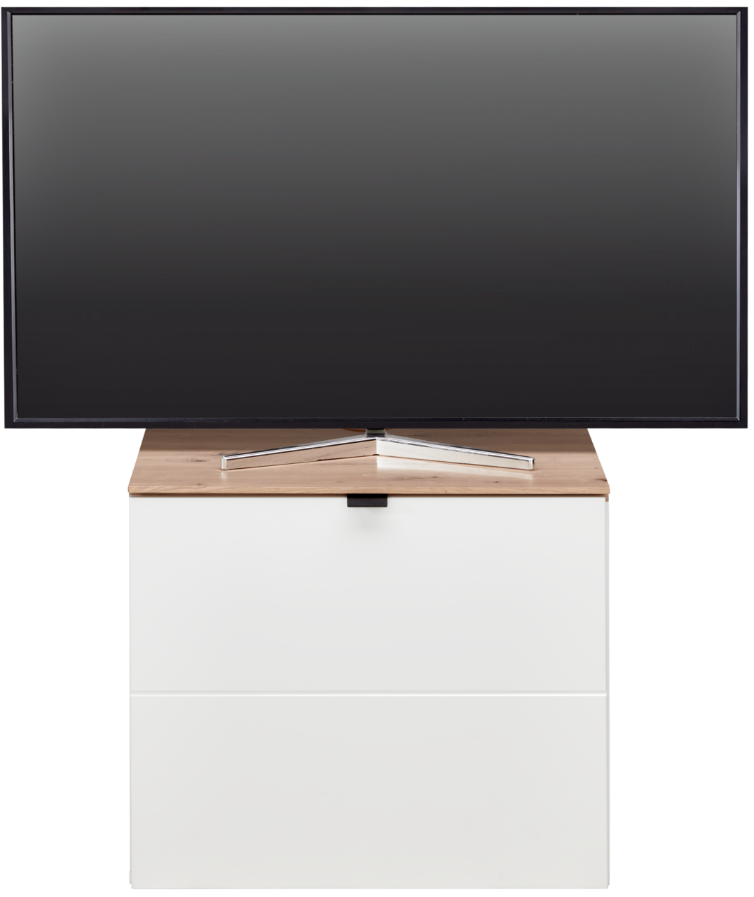 Frontansicht eines modernen TV-Lowboards mit Holzoberfläche und weißem Korpus, darauf steht ein Flachbildfernseher.