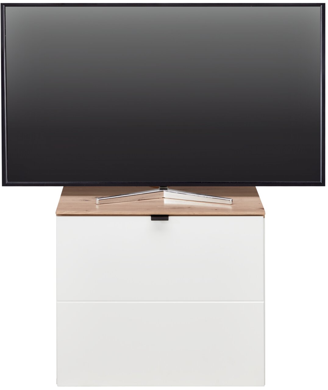 Vooraanzicht van een modern tv-lowboard met houten afwerking en een witte romp, waarop een flatscreen-tv staat.