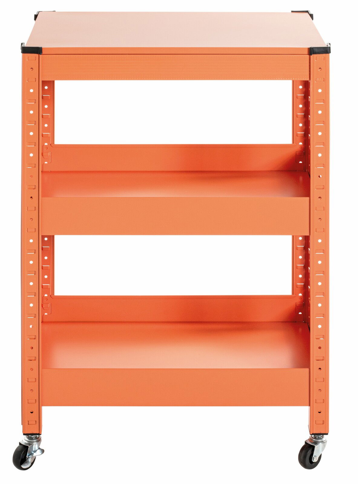 Orangefarbener Servierwagen mit drei Regalböden, auf Rollen, Frontalansicht
