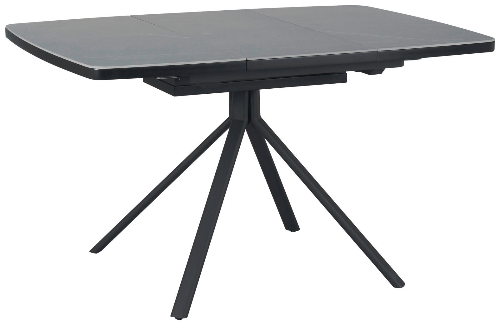 Moderner Esstisch mit rechteckiger Tischplatte und vier schrägen Beinen, seitliche Perspektive