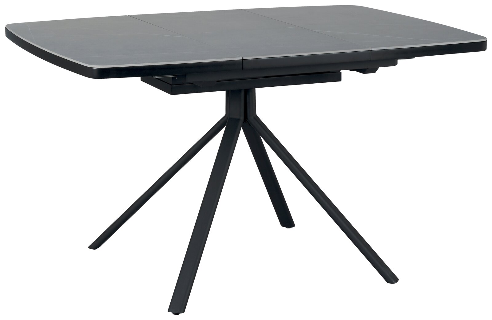 Moderner Esstisch mit rechteckiger Tischplatte und vier schrägen Beinen, seitliche Perspektive