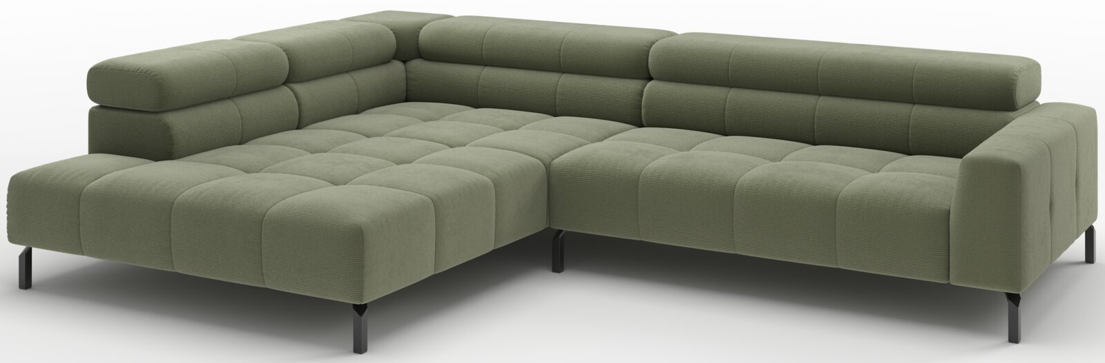 Olijfgroene hoekbank met chaise longue en gecapitonneerde zitting, geribde stofbekleding en zwarte metalen poten, gefotografeerd schuin van voren (3/4-perspectief) op witte achtergrond