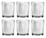 Sechs transparente, geriffelte Becher in Frontalansicht, angeordnet in zwei Reihen.