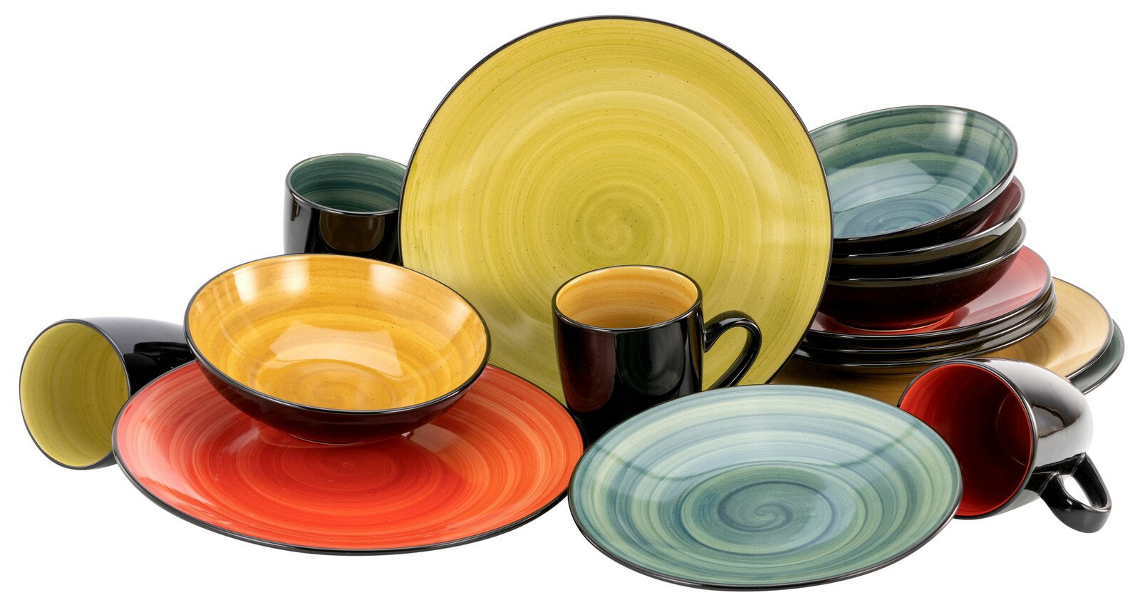 Buntes Kombiservice 16-tlg mit Tellern, Schalen und Tassen in verschiedenen Farben, aus seitlicher Perspektive fotografiert.