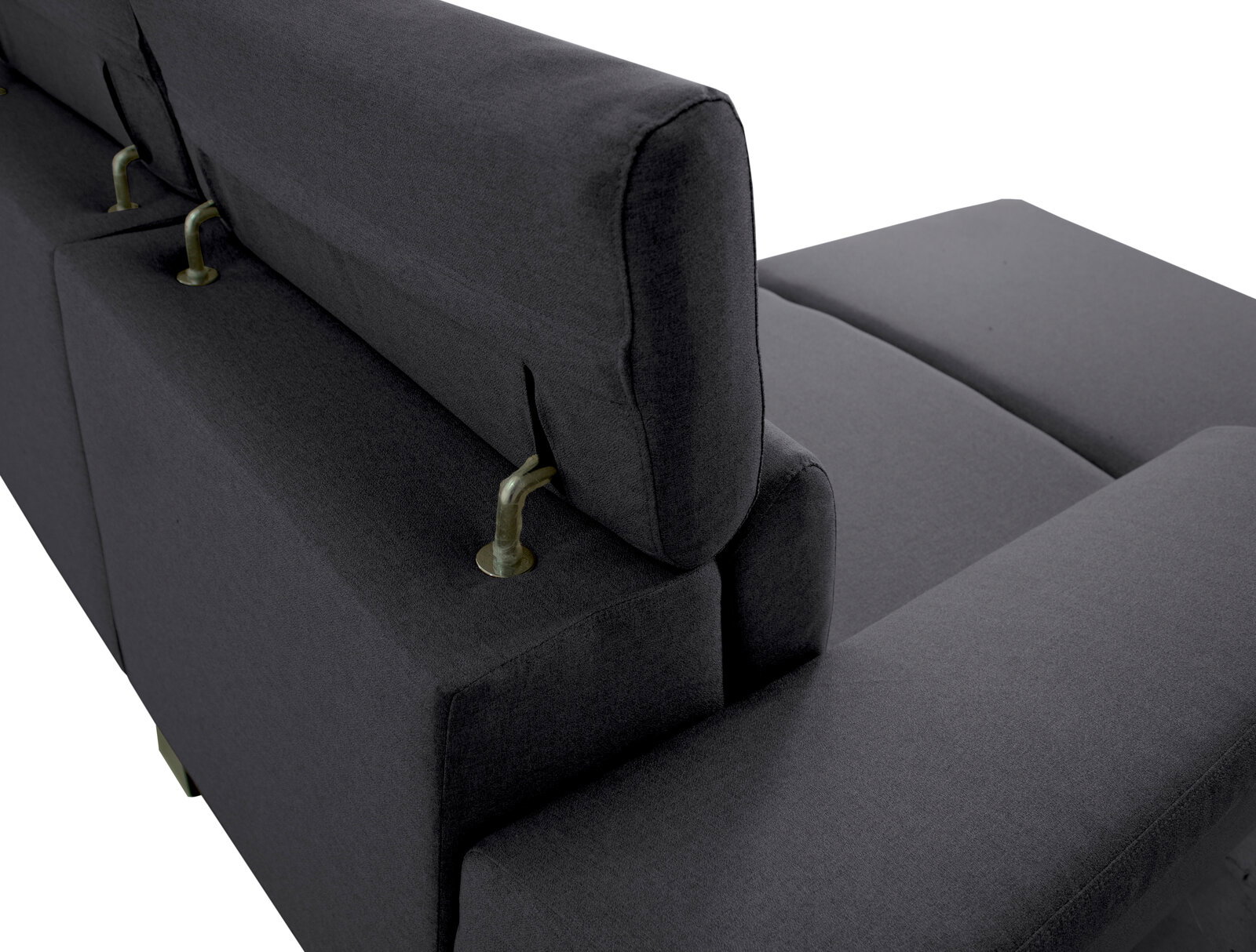 Rückansicht einer dunkelgrauen Rundecke mit verstellbaren Kopfstützen.