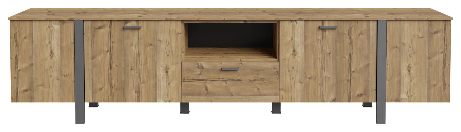 TV-Lowboard aus Holz mit zwei Türen, einer Schublade und einem offenen Fach, frontal betrachtet.