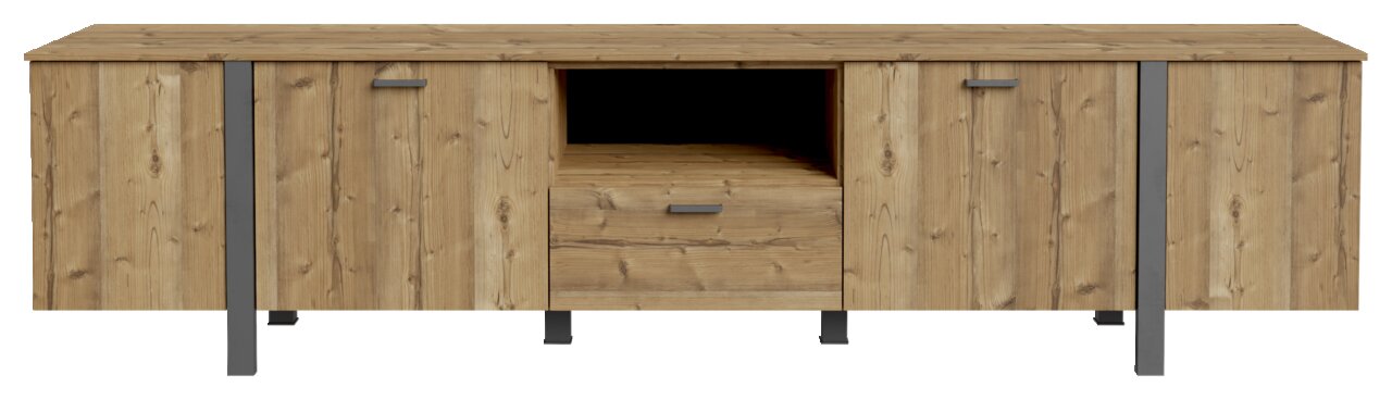 TV-Lowboard aus Holz mit zwei Türen, einer Schublade und einem offenen Fach, frontal betrachtet.