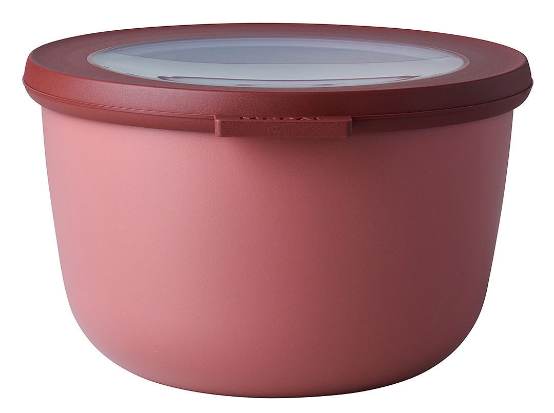 Runde Multischüssel in Vivid Mauve mit transparentem Deckel, seitliche Perspektive