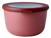 Runde Multischüssel in Vivid Mauve mit transparentem Deckel, seitliche Perspektive