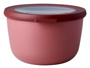 Runde Multischüssel in Vivid Mauve mit transparentem Deckel, seitliche Perspektive
