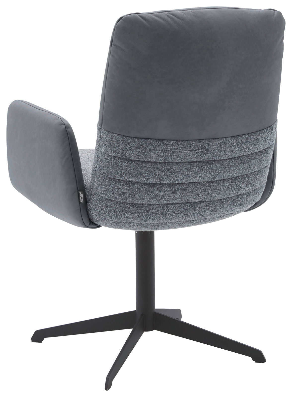 Rückansicht eines modernen Armlehnstuhls mit grauem Stoffbezug und schwarzem Metallgestell.