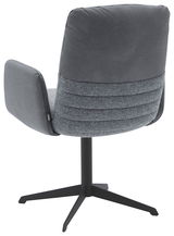 Rückansicht eines modernen Armlehnstuhls mit grauem Stoffbezug und schwarzem Metallgestell.