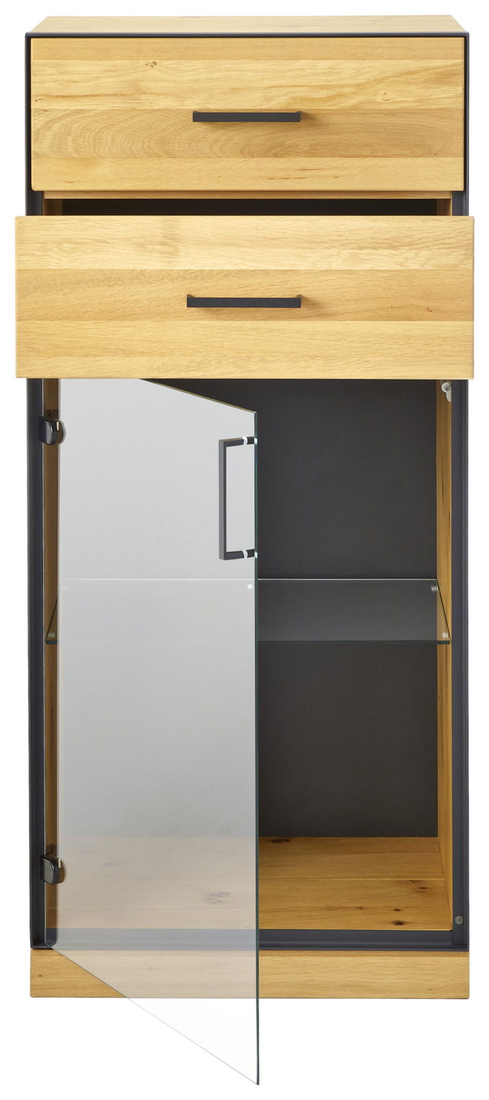 Vitrinenschrank aus Holz mit zwei Schubladen und einer Glastür, frontal betrachtet.