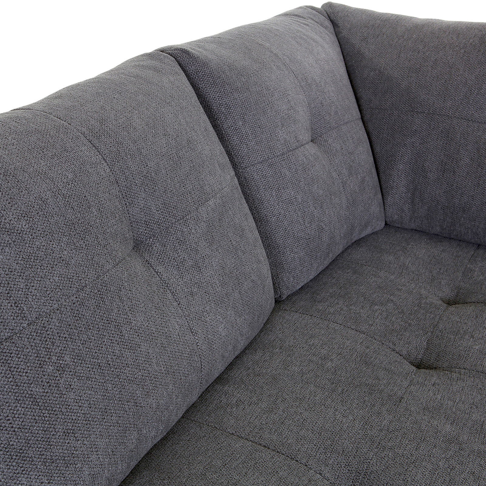 Graues Ecksofa MAURIS mit weicher Polsterung, Nahaufnahme der Rückenlehne aus schräger Perspektive.