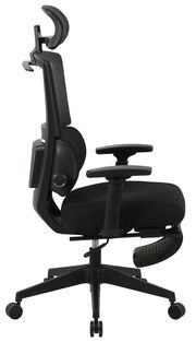 Seitliche Ansicht eines ergonomischen Chefsessels mit Kopfstütze und Armlehnen.