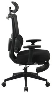 Seitliche Ansicht eines ergonomischen Chefsessels mit Kopfstütze und Armlehnen.