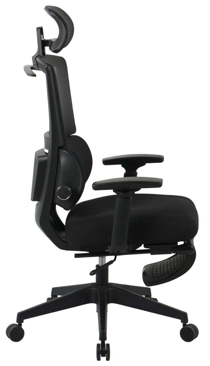 Seitliche Ansicht eines ergonomischen Chefsessels mit Kopfstütze und Armlehnen.
