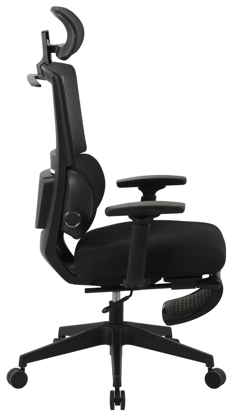 Seitliche Ansicht eines ergonomischen Chefsessels mit Kopfstütze und Armlehnen.