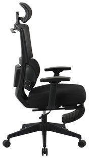 Zijaanzicht van een ergonomische directiestoel met hoofdsteun en armleuningen.