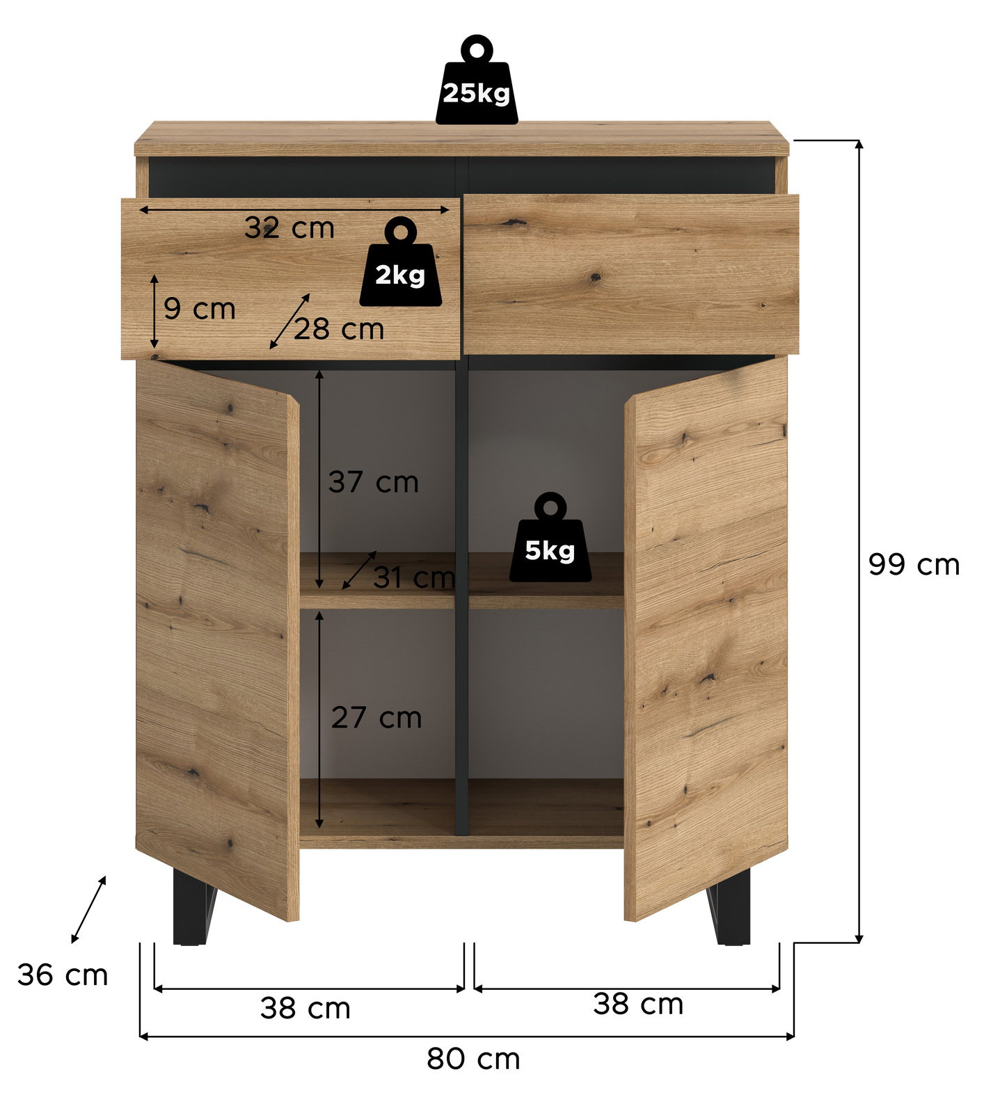 Kommode aus Holz mit zwei Türen und einer Schublade, Frontansicht, Maße: 80 cm Breite, 99 cm Höhe, 36 cm Tiefe.