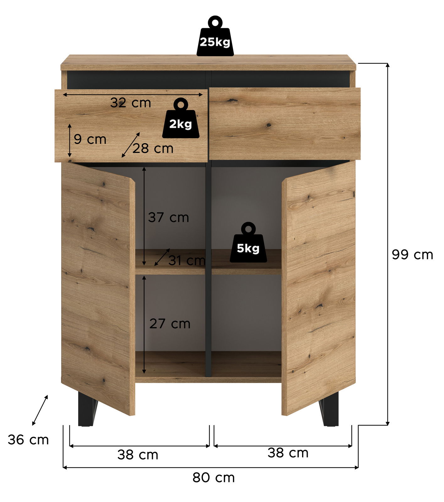 Kommode aus Holz mit zwei Türen und einer Schublade, Frontansicht, Maße: 80 cm Breite, 99 cm Höhe, 36 cm Tiefe.