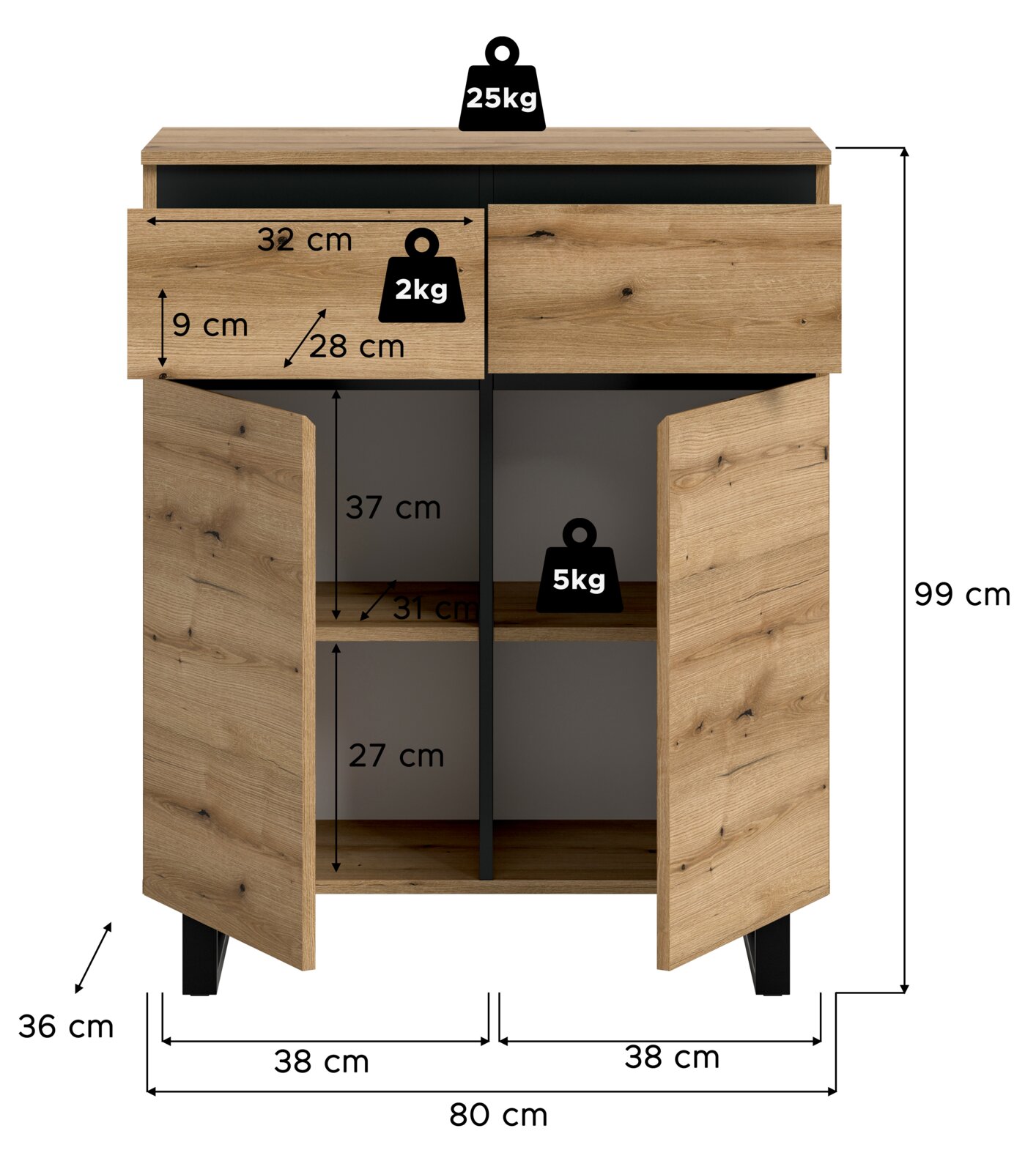 Kommode aus Holz mit zwei Türen und einer Schublade, Frontansicht, Maße: 80 cm Breite, 99 cm Höhe, 36 cm Tiefe.