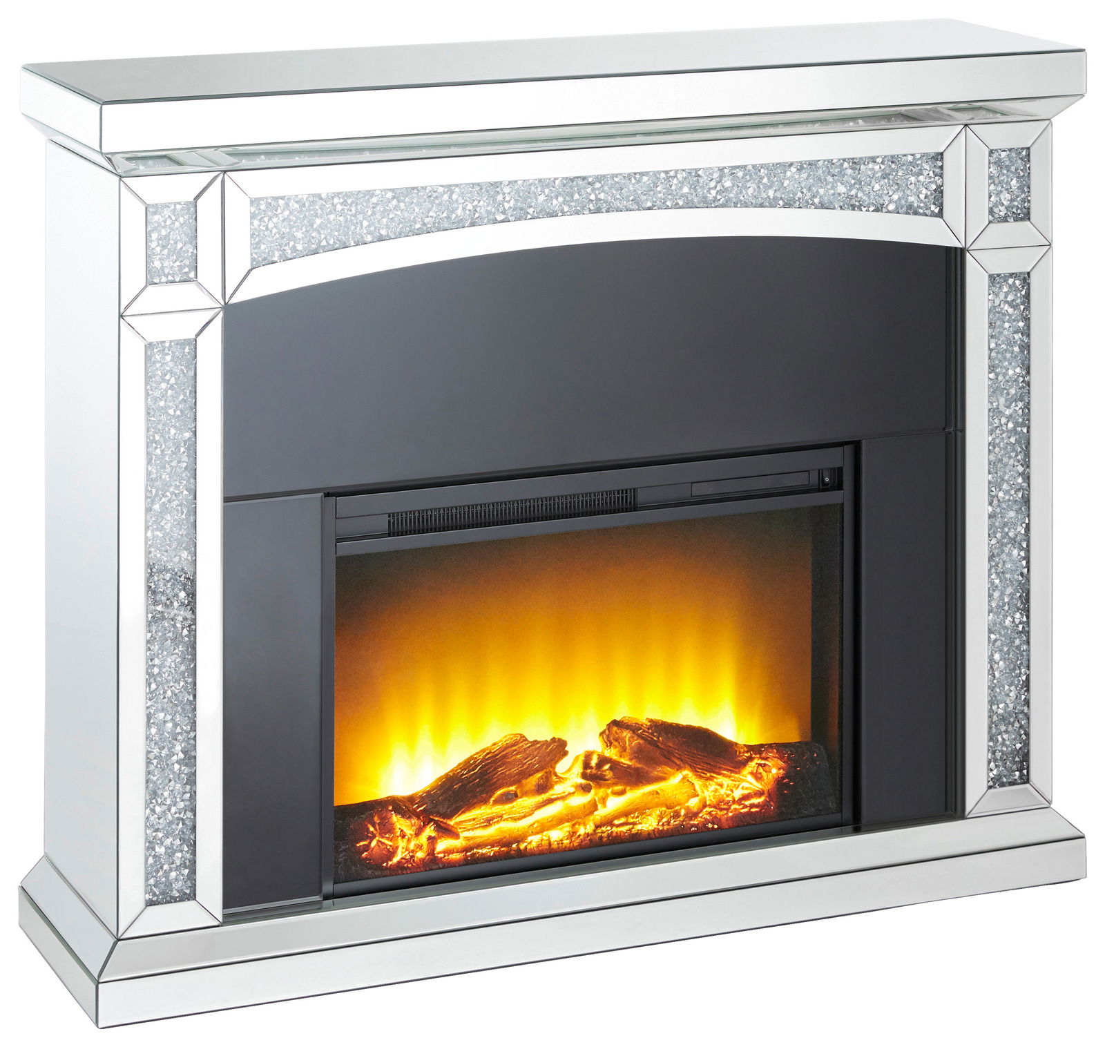 Elektrokamin mit glitzernden Verzierungen und realistischem Flammeneffekt, seitliche Perspektive