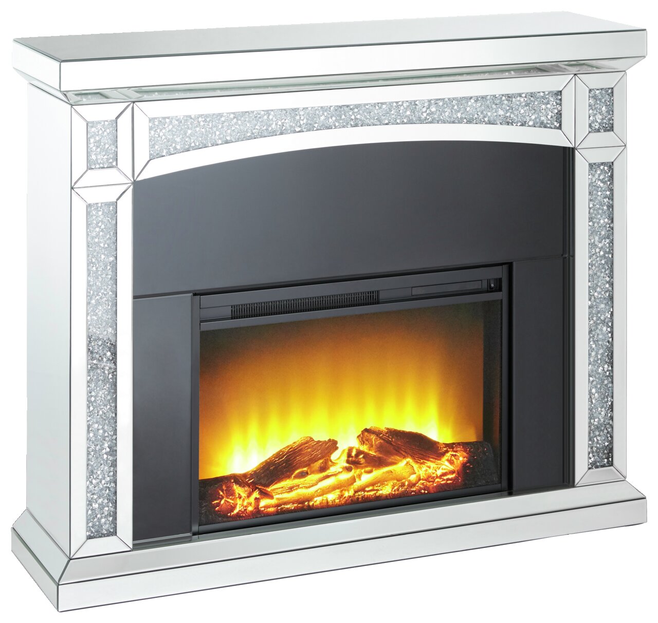 Elektrokamin mit glitzernden Verzierungen und realistischem Flammeneffekt, seitliche Perspektive