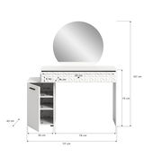 Weißer Schminktisch mit rundem Spiegel, geometrischem Muster auf der Schublade und seitlichem Regal, Frontalansicht.
