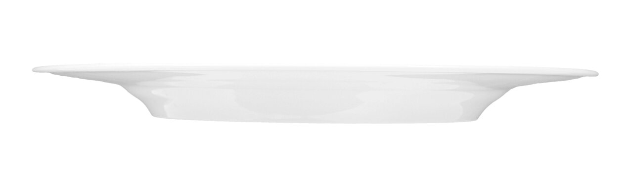 Seitliche Ansicht eines weißen Speisetellers Rondo/Liane mit einem Durchmesser von 27 cm.