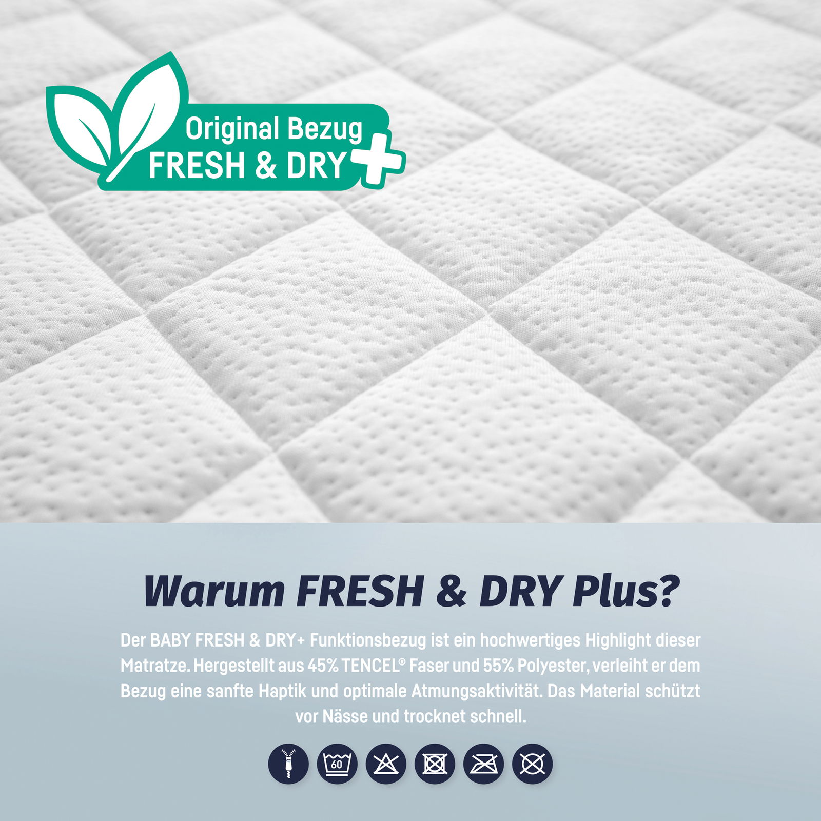 Nahaufnahme einer Jugendmatratze mit Original Bezug FRESH & DRY Plus, zeigt die strukturierte Oberfläche und das Logo, von oben betrachtet.