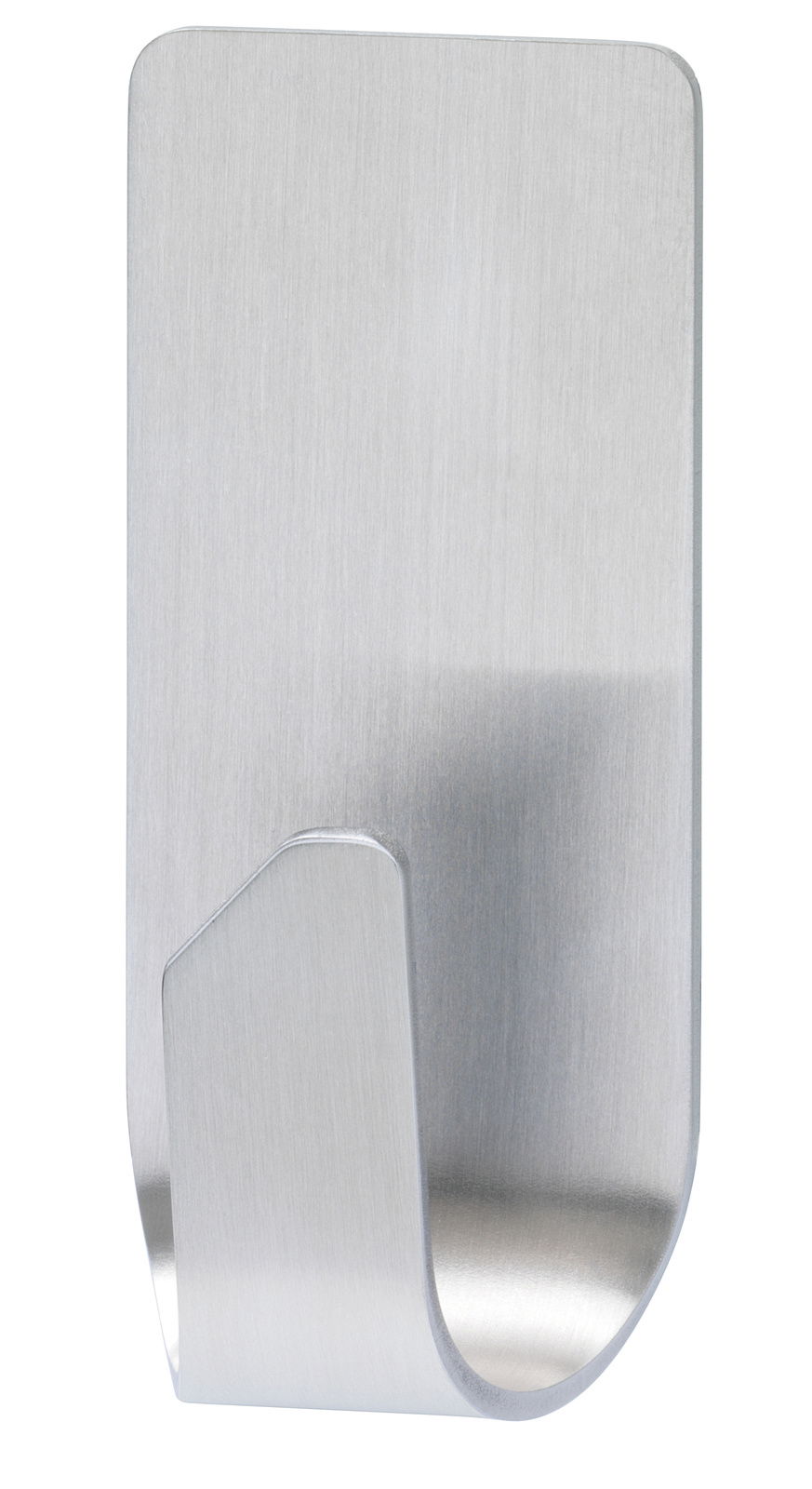 Tesa Powerstrips WATERPROOF Nahaufnahme eines modernen, gebürsteten Edelstahlhakens, geeignet für den Einsatz in feuchten Umgebungen.