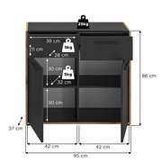Offenes schwarzes Sideboard mit Holzrahmen, zwei Türen und einer Schublade, Innenfächer mit Maßangaben und Belastbarkeit (oben 25 kg, Fächer 5 kg), Gesamtmaße ca. 95 x 86 x 37 cm, Frontansicht leicht von oben