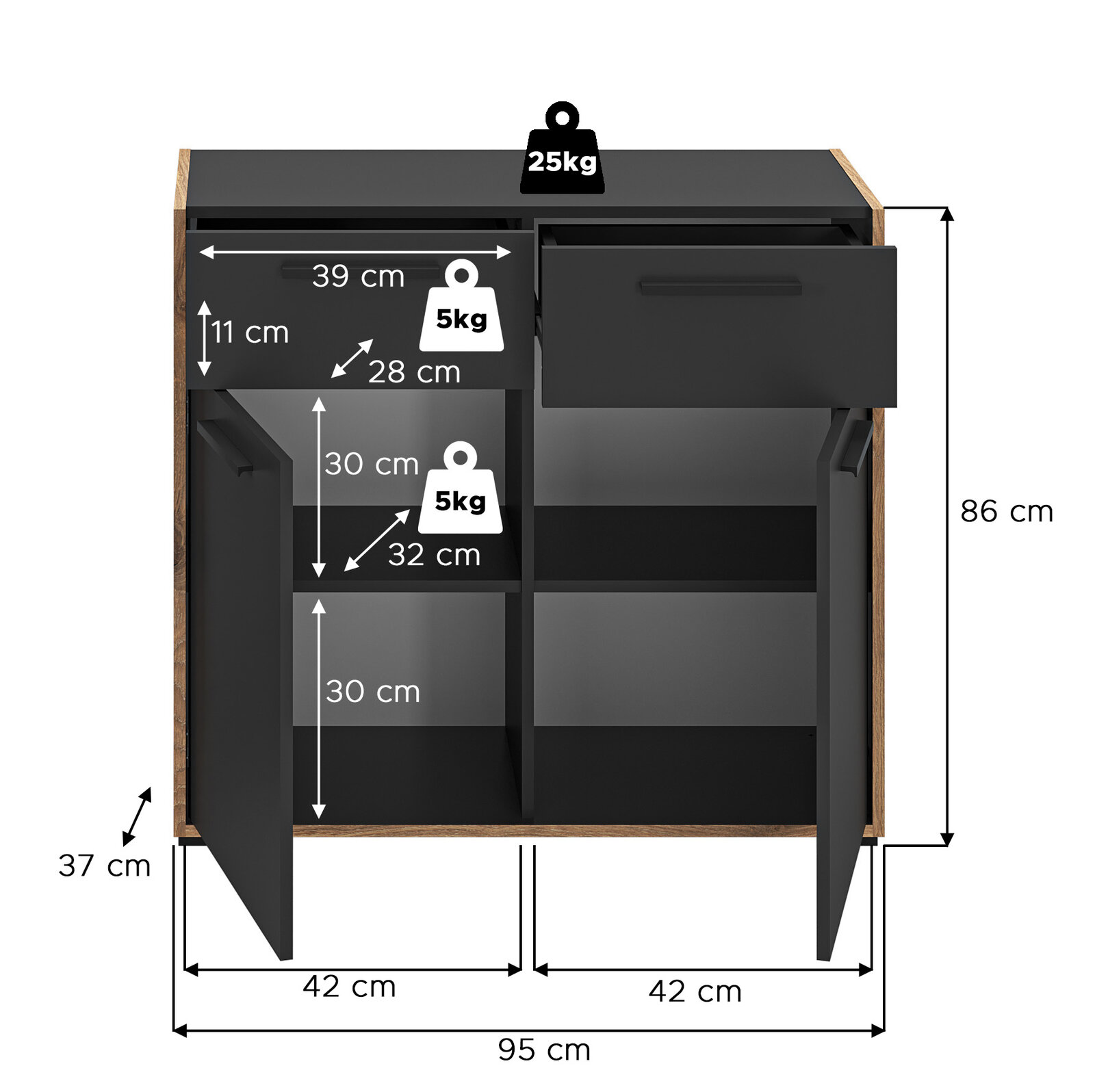 Offenes schwarzes Sideboard mit Holzrahmen, zwei Türen und einer Schublade, Innenfächer mit Maßangaben und Belastbarkeit (oben 25 kg, Fächer 5 kg), Gesamtmaße ca. 95 x 86 x 37 cm, Frontansicht leicht von oben
