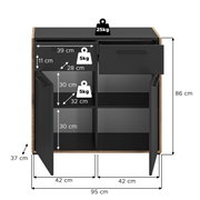Offenes schwarzes Sideboard mit Holzrahmen, zwei Türen und einer Schublade, Innenfächer mit Maßangaben und Belastbarkeit (oben 25 kg, Fächer 5 kg), Gesamtmaße ca. 95 x 86 x 37 cm, Frontansicht leicht von oben