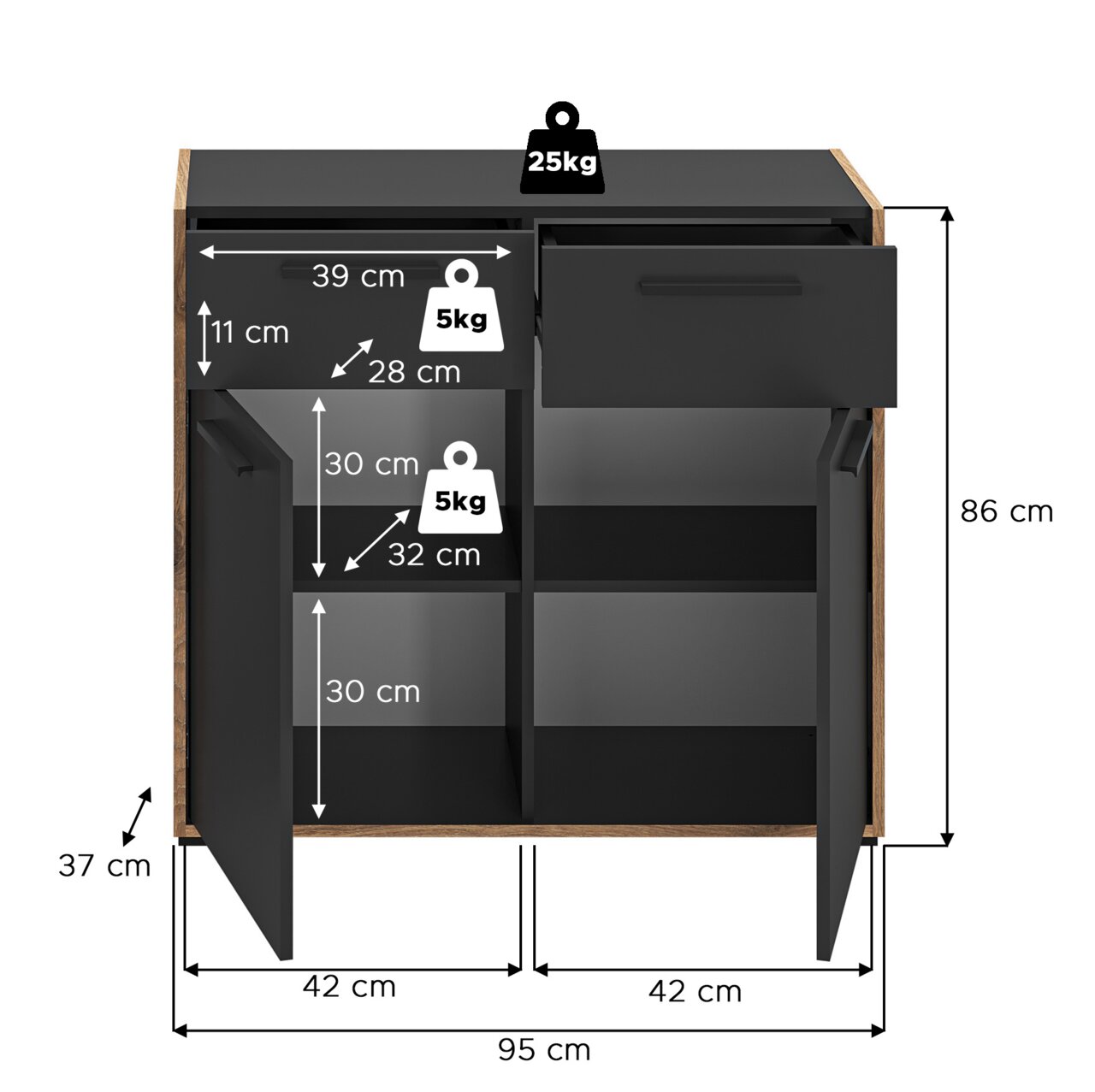 Offenes schwarzes Sideboard mit Holzrahmen, zwei Türen und einer Schublade, Innenfächer mit Maßangaben und Belastbarkeit (oben 25 kg, Fächer 5 kg), Gesamtmaße ca. 95 x 86 x 37 cm, Frontansicht leicht von oben
