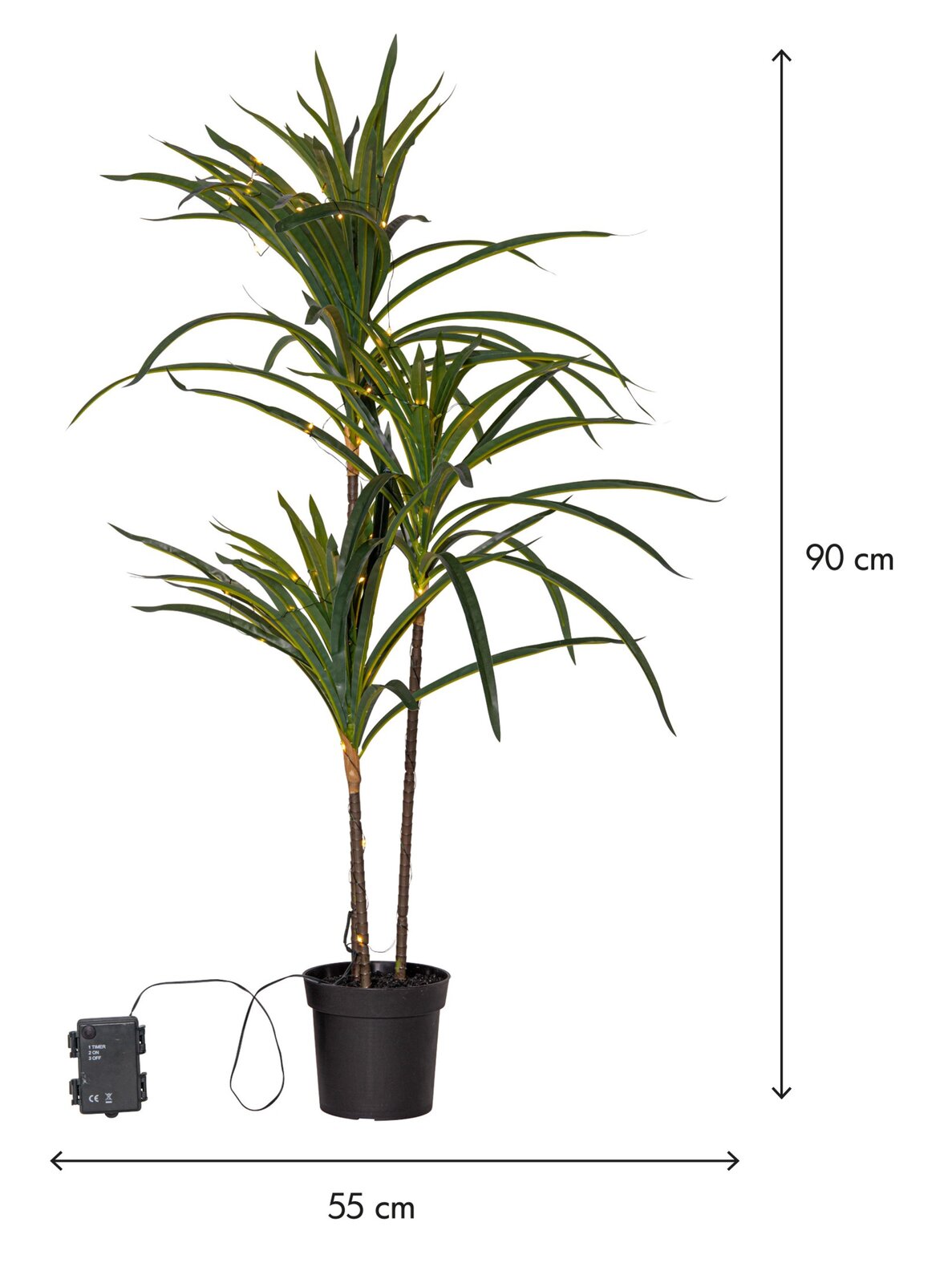 Künstliche Dracaena-Palme im schwarzen Topf mit integrierter LED-Lichterkette und Timer-Box, freigestellt auf weißem Hintergrund, Vorderansicht; Höhe ca. 90 cm, Breite ca. 55 cm.