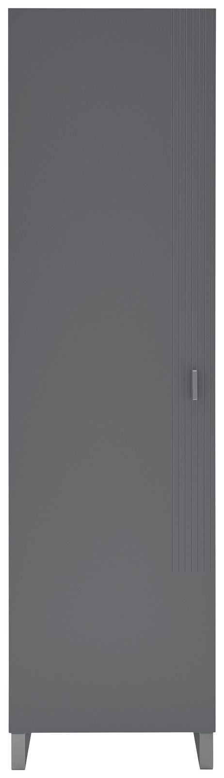 Moderner grauer Garderobenschrank mit vertikalen Linien und Griff, Frontalansicht