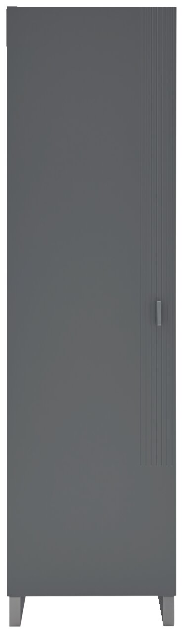 Moderner grauer Garderobenschrank mit vertikalen Linien und Griff, Frontalansicht