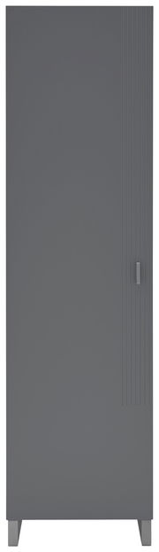 Moderner grauer Garderobenschrank mit vertikalen Linien und Griff, Frontalansicht