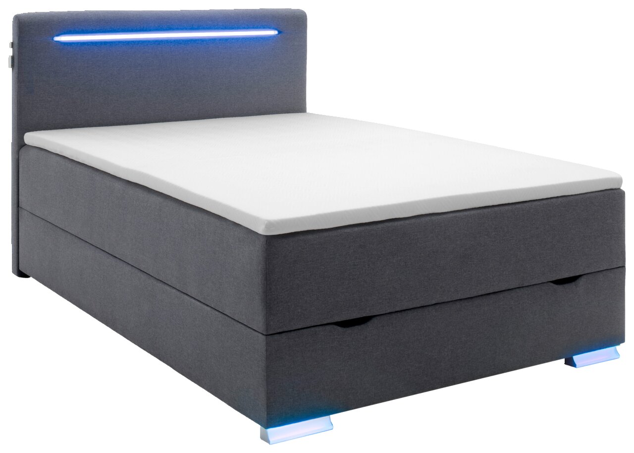 Grijs boxbed met ledverlichting aan het hoofdeinde, zijaanzicht