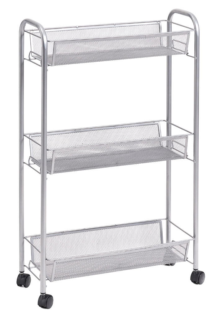 Rollwagen mit drei Gitterablagen und Rollen, seitliche Perspektive