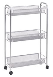 Rollwagen mit drei Gitterablagen und Rollen, seitliche Perspektive