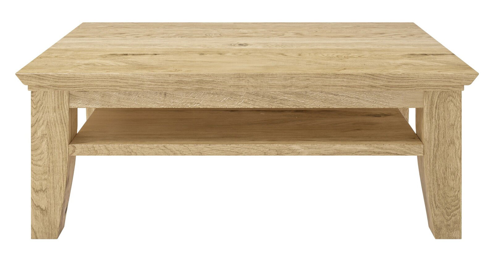 Holz-Couchtisch mit rechteckiger Form und zusätzlicher Ablagefläche, Frontalansicht