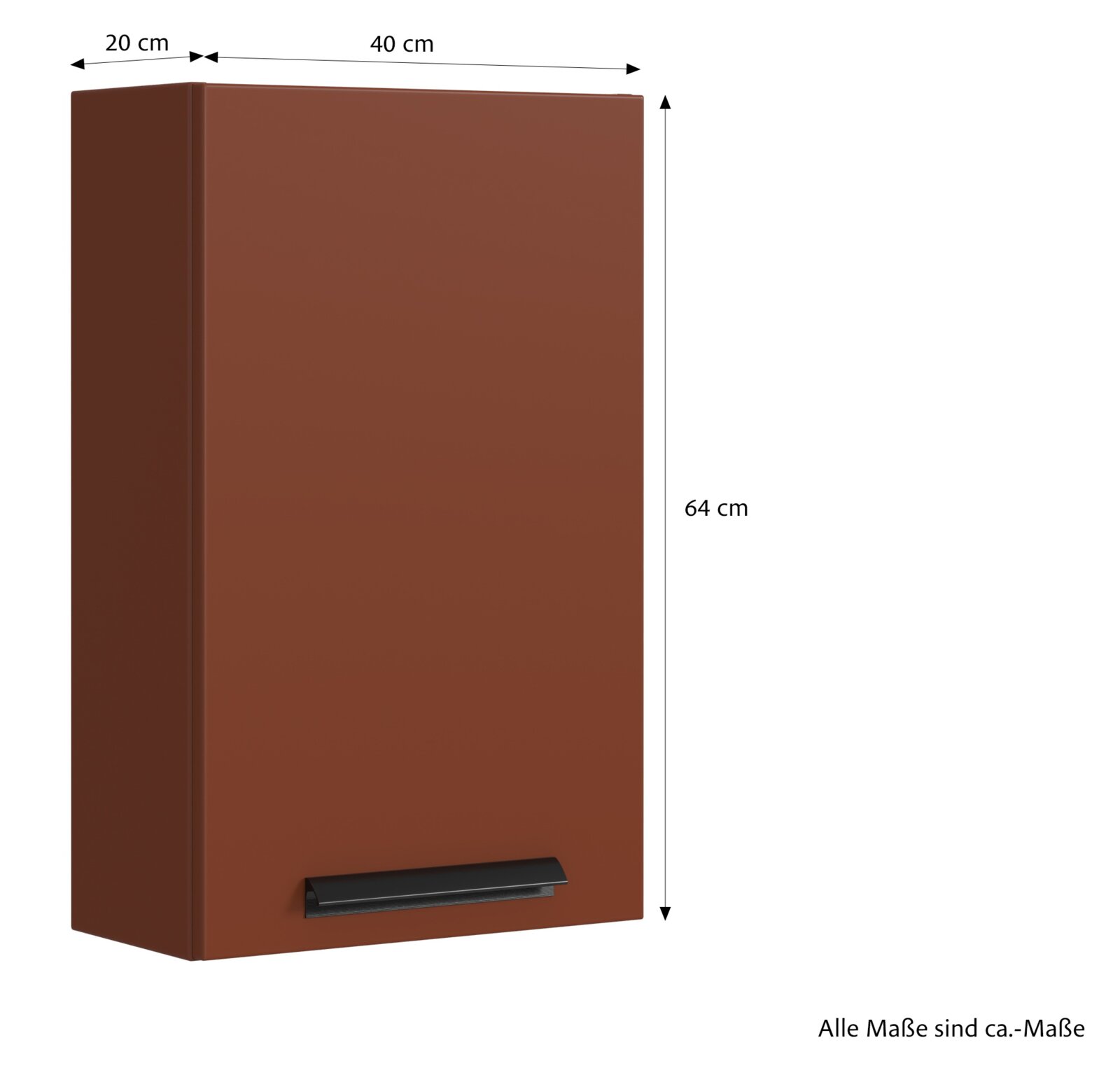 Hangkast in bruine kleur met zwarte handgreep, afmetingen: 40 cm breed, 20 cm diep, 64 cm hoog, zijaanzicht