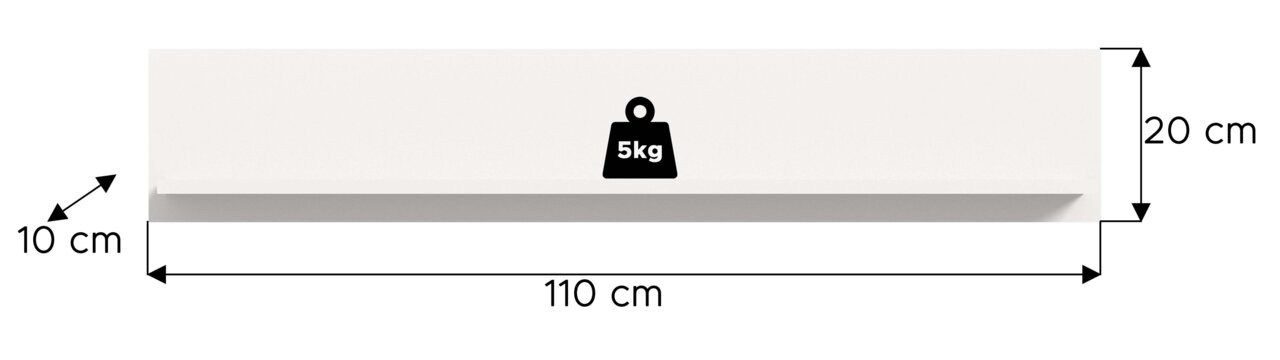 Weiße Wandkonsole/Wandregal in Frontansicht mit Maßangaben 110 cm Breite, 20 cm Höhe und 10 cm Tiefe sowie 5-kg-Belastungsangabe.