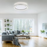 Moderne Deckenleuchte RITUS in einem stilvollen Wohnzimmer, von unten betrachtet.