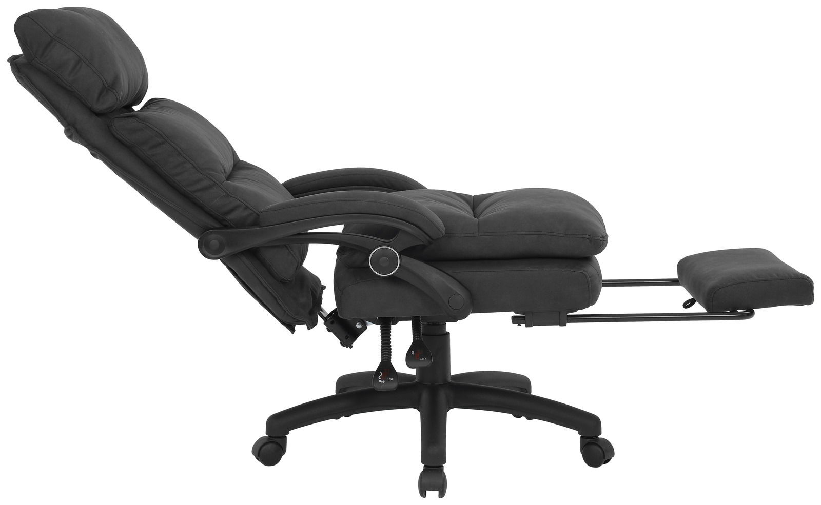 Seitliche Ansicht eines schwarzen Chefsessels mit verstellbarer Rückenlehne und ausziehbarer Fußstütze.