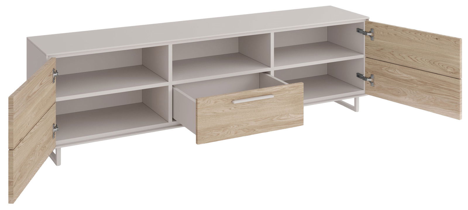 TV-Lowboard mit offenen Türen und Schublade, Frontansicht
