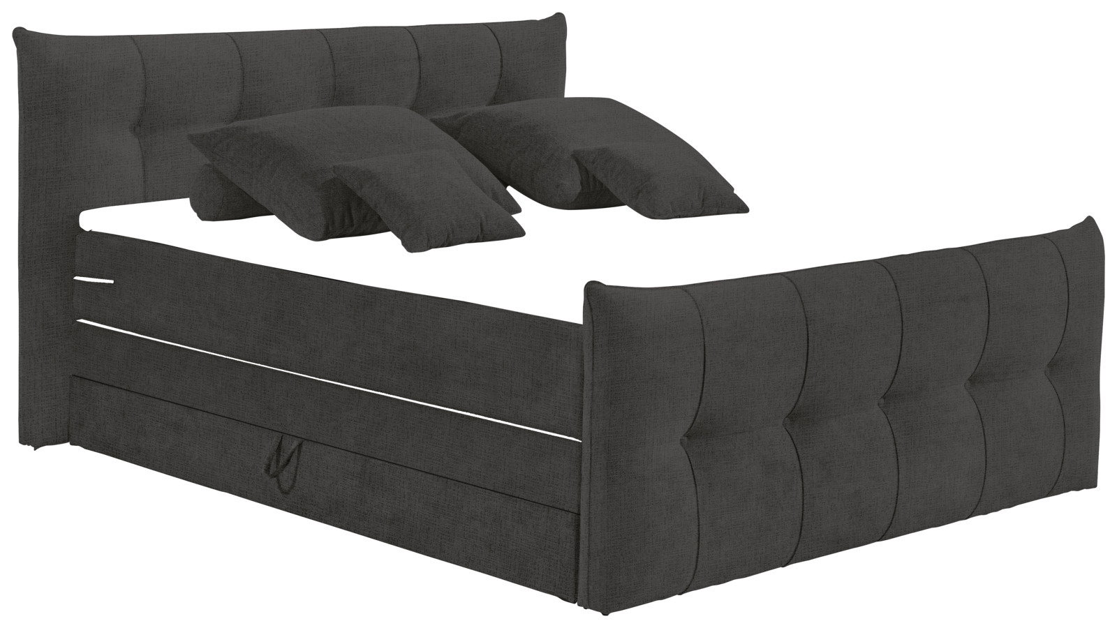 Boxspringbett in dunklem Stoffbezug, seitliche Perspektive